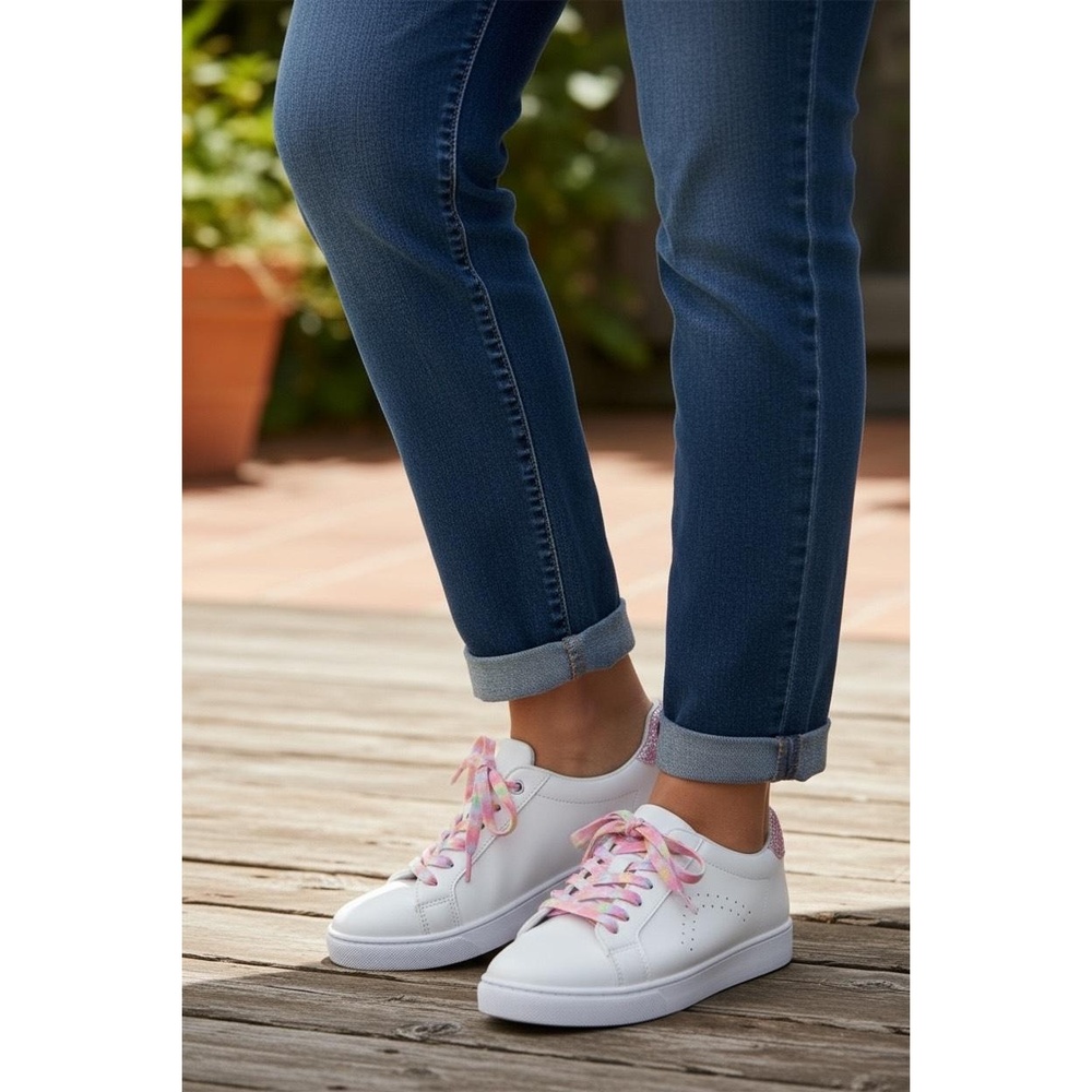 Pop Sneakers Womens White Rainbow Breezy Lace Up Comfort Athletic Size 9.5M